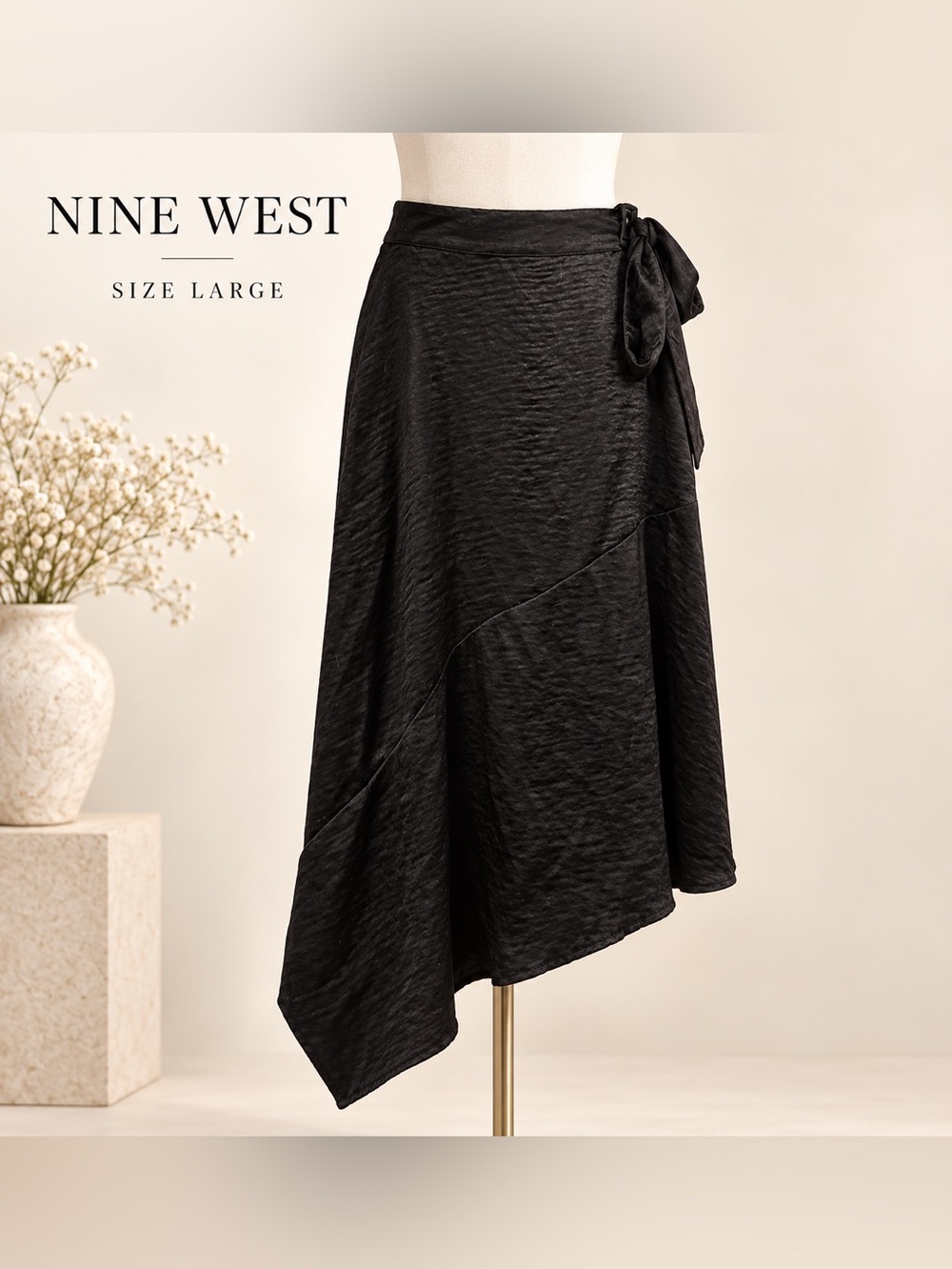 Nine West Black Satin Asymmetrical Wrap Skirt With Bow Size Larg